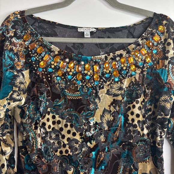 Cache Vintage Y2K Jewel Beaded Velvet Burnout Stretch Lightweight Top Size L - Picture 2 of 7